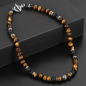 Natural Tiger Eyes Stone Mixed Lava Bead Necklace For Men Women Stainless Steel Bead Charm Toggle Clasp Fashion Jewelry