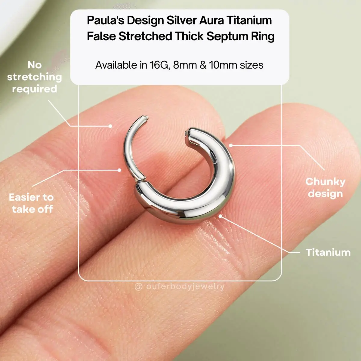 OUFER Paula's Design Silver Aura Titanium 16G Hinged Segment Hoop Nose Ring - 8mm/10mm Chunky Thick Women's Septum Jewelry, Easier to Take Off, No Stretching, Pain-Free for Sensitive Skin Daily Wear