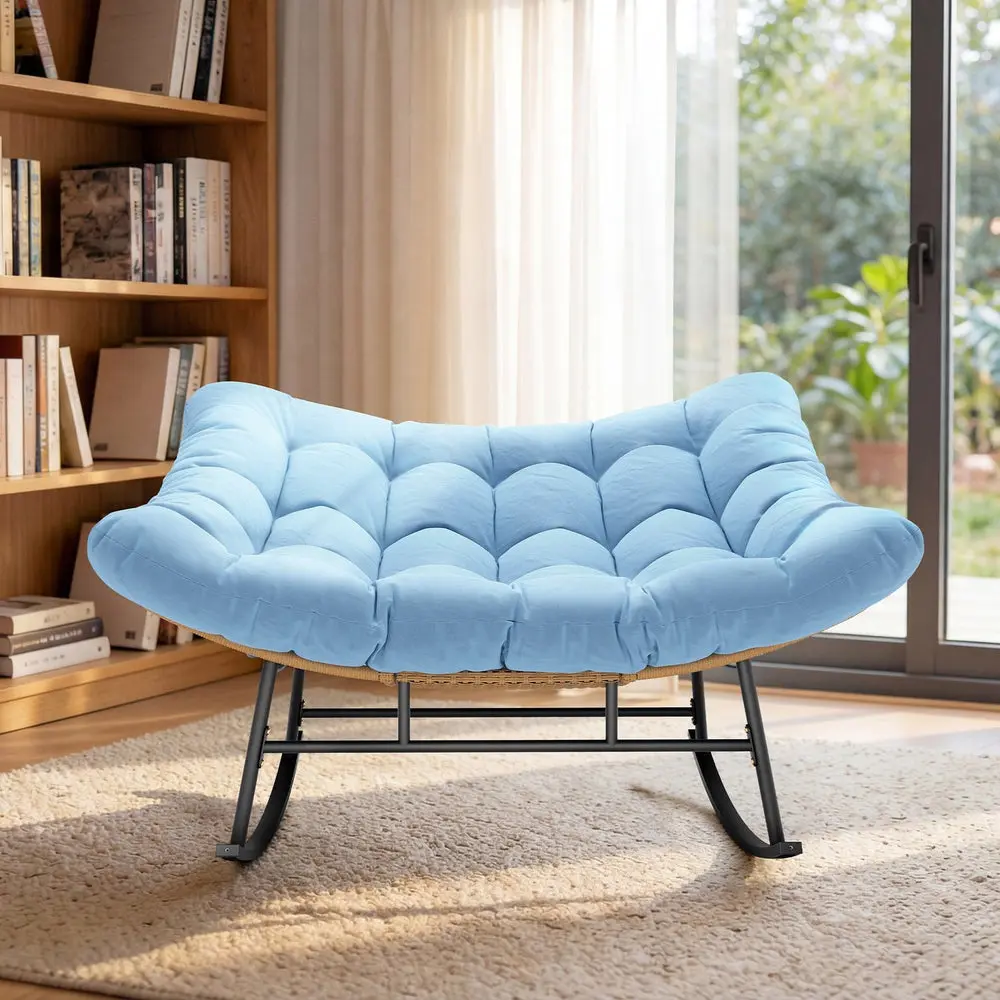 Sikaic Double Outdoor Rattan Rocking Chair with Thick Cushion Sky Blue Modern Indoor Wicker Oversized Patio Papasan Rocker Chair, PE Rattan Padded Outdoor Rocker Egg Chairs for Bedroom, Living Room, Balcony, Porch, Backyard