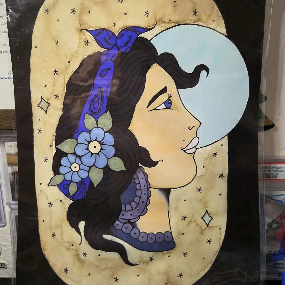 Night Gypsy 9x12 Large Print Artistic Style Artwork Prints, Home Decor Poster Featuring a Woman with Flower Motifs, Star Motifs, Artistic Style Prints
