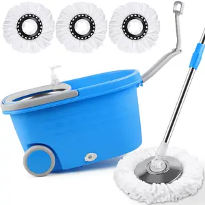 Spin Mop and Bucket with Wringer Set On Wheels, 360° Spinning Mop Bucket System with 3 Microfiber Replacement Heads, 61" Stainless Steel Extended Handle for Floor Cleaning (25QT) (Blue)
