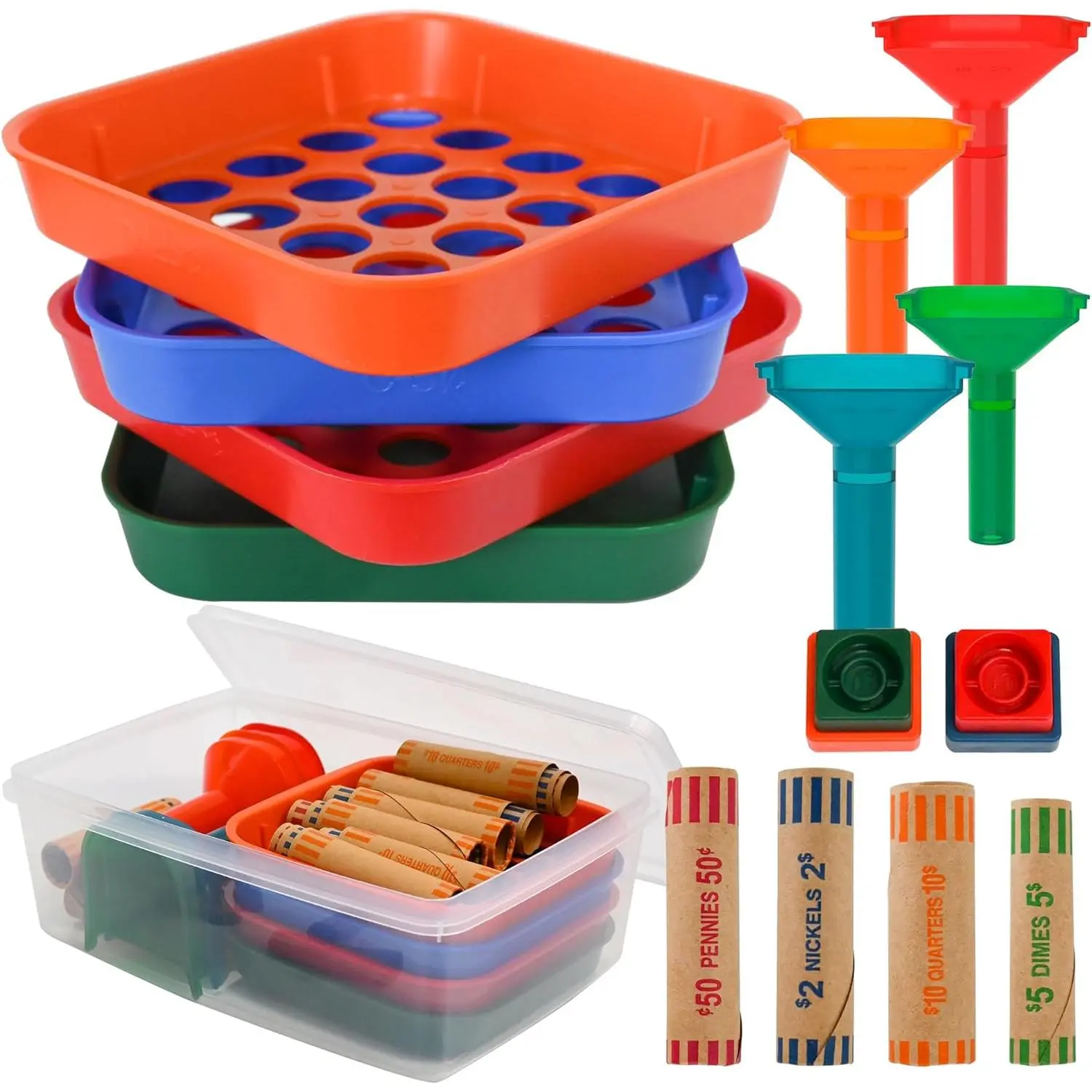 Coin sorting trays and coin counting tubes, coin roller crimping tool with 60 assorted preformed coin wrapper rolls