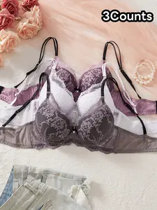 Women's Floral Lace Bras 3-Pack, Push-Up Padded Underwire Medium Design, Adjustable Straps & Comfortable Everyday Fit Elegant Lingerie Set, Everyday Essential Bra