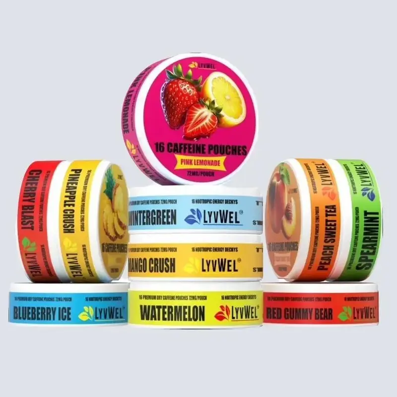 LyvWel Upper Energy Deckys - 2-Jar Caffeine Pouch Bundle 72mg & 225mg Strawberry Flavor Double Jar Consistent Energy Drink Electrolyte Powder Beverage