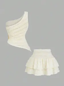 Women's Fitted Sleeveless Short Top with Waist Buckle Decoration & Pleated Skirt Set, Outfit, Casual Summer, Fashionable Women's Clothing