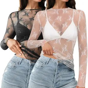 Women's Mesh Sheer Tops Long Sleeve Layering Top Mock Neck See Through Floral Lace Shirt Blouse Casual Chic