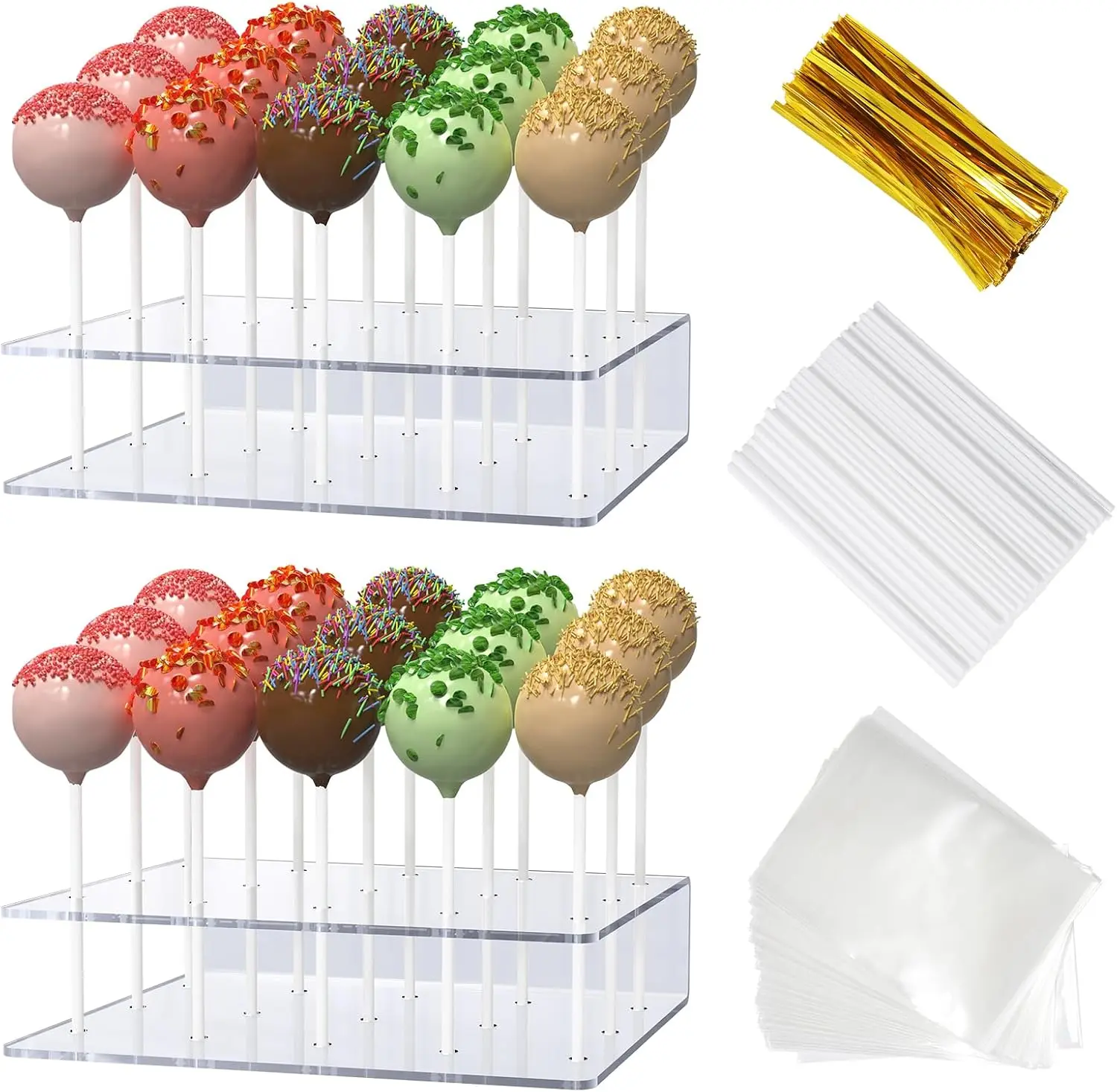 2 Pack Cake Pop Stand with Sticks Kit,  Lollipop Hold Stand, Clear Cake Pop Display Holder, 15 Holes Candy Pop Holder with 100 count Sticks, 100 count Clear Wrappers, 100 count  Twist Ties