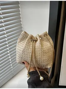 Mini New Fashion Straw Gold Chain Drawstring Bucket Bag Beach Bag Summer Style