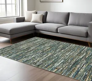 HomeRoots 7x10 ft Striped Rectangle Area Rug, Blue, Brown & Ivory, Home Decor, Dining Room Use, Home Decor Rug, Dining Room Rug