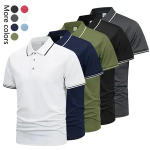 Five-piece men’s casual short-sleeve polo set—quick-dry golf and tennis shirts, comfortable riding wear, stylish men’s sportswear—ideal for casual gatherings, vacations, and travel; contrast color design at the neckline and cuffs.