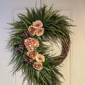 Vintage Rose Wreath, 18-Inch Farmhouse Style, Leaves Accent, Rustic Grapevine Weave, All-Season Wreath, Home Wall Decor