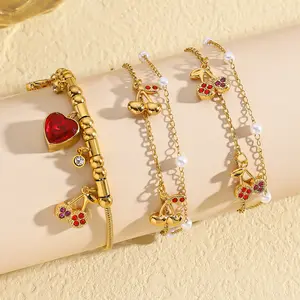 Cute Fruite Bracelet, Titanium Steel Bracelet for Women Fashion Style Elegant Simple Fruit Inlaid Zircon Cherry Beaded Hand Jewelry Bracelet
