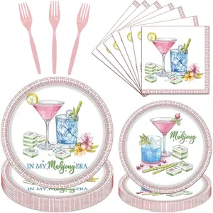 Mahjong Party Tableware Decorations, 96PCS Mahjong Disposable Paper Plates and Napkins Birthday Decoration, In My Mah jong Era Forks Decor Supplies, Serve 24