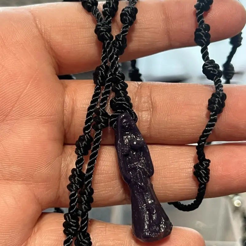 Dark Purple Santa Muerte Pendant, Black Thread Rosary with Pendant, Unisex, 18 inches long