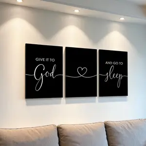 Give It to God and Go to Sleep Letter Wall Art, 3 Piece Wood Framed Canvas Print, Inspirational Wall Decor for Living Room Bedroom Office