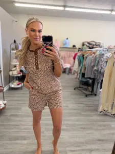 Leopard Ribbed Button Short Set