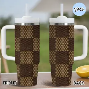Luxury Brown Plaid Design Vacuum Flasks 40oz Stainless Steel Tumbler with Handle & Straw, Vacuum Insulated Travel Mug Keeps Drinks Cold Up to 34 Hours, Leak-Resistant Cup for Iced Coffee, Water, Office, Gym or Travel