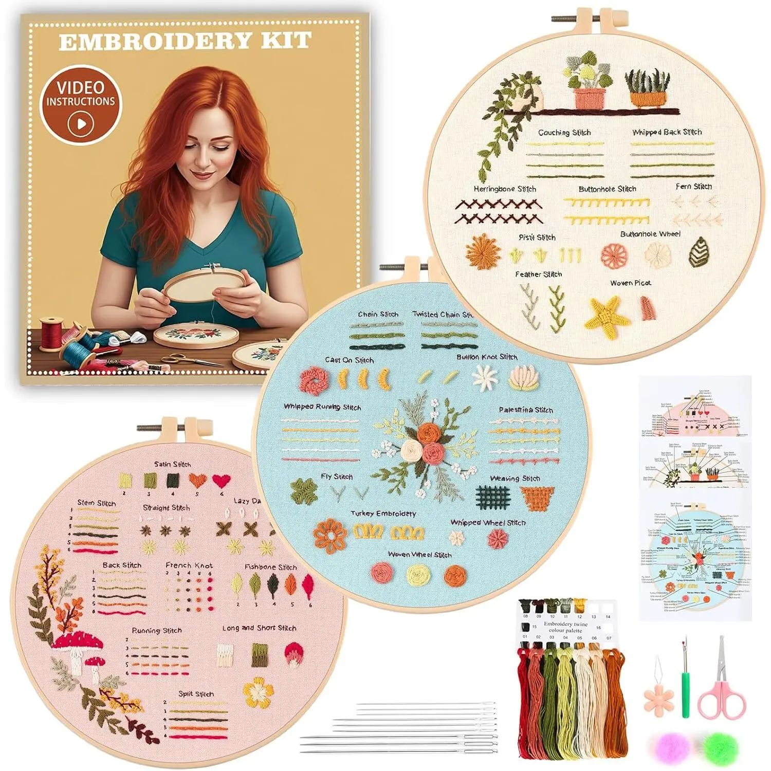 Embroidery Kit for Beginners Adults: 3 Embroidery Kit, Includes Stamped Patterns, Hoop,  and Color Threads, Full Range Accessories, Cross Stitch Kit Easy to Follow Instruction and Video