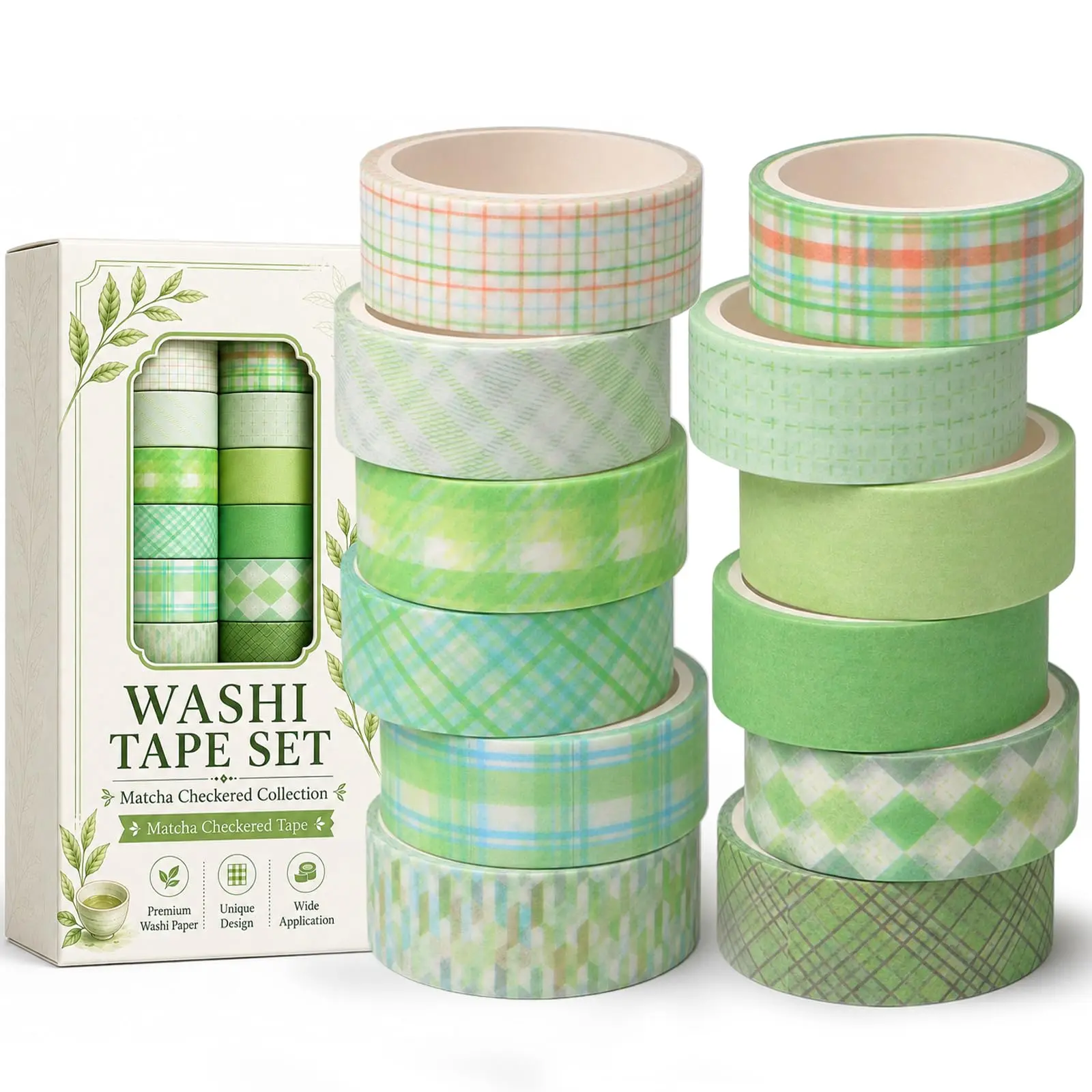 12 Rolls Washi Tape Set, Fresh Matcha Green Decorative Tape,Assorted Styles
