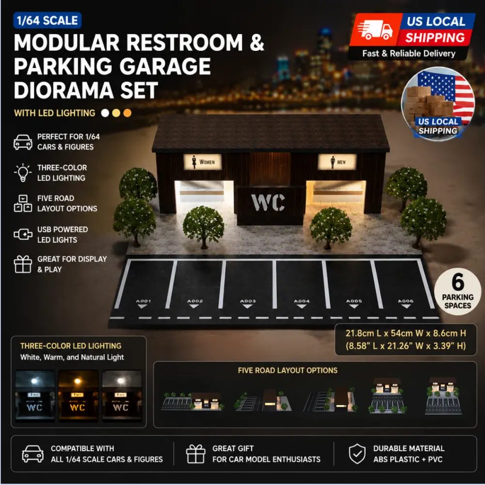 1/64 Scale Diorama Diecast Car Garage Model Set with LED Lighting, City Layout, Public Toilet Building, Parking Lot Scene - Collectible Toy for Display & Gifting