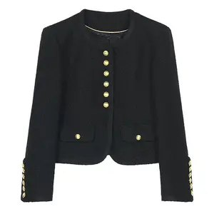 Socialite Elegant Top Autumn Winter New Six Button Design Women's Jacket Black Round Neck Coarse Wool Long Sleeve Overcoat