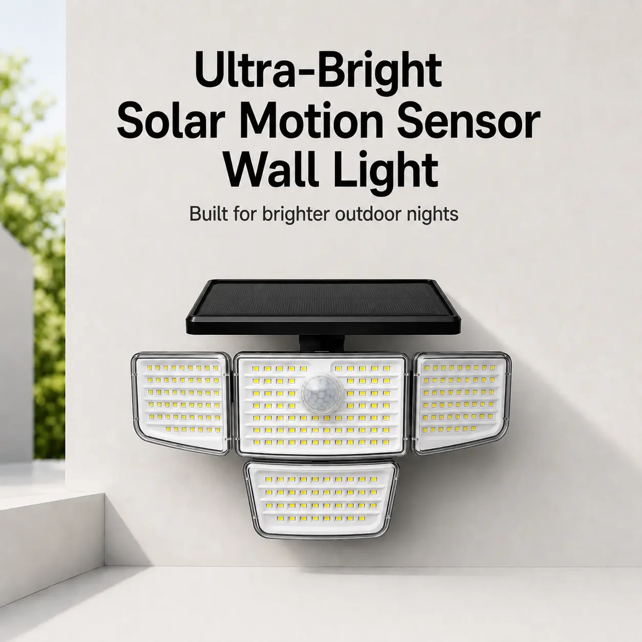 Solar Motion Sensor Light, 212LED 3000LM, 4 Adjustable Heads, 3 Modes, IP65 Waterproof, Remote for Yard Garage Garden