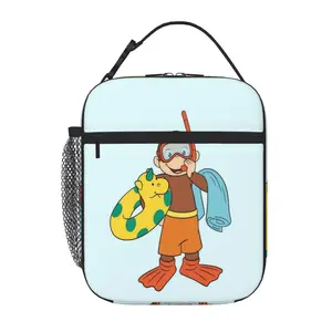 Water-resistant, reusable Curious George lunch bag/handbag with a sturdy zipper; insulated Curious George lunch box bag and matching Curious George lunch tote—great for school, office, beach, and camping.