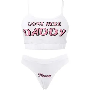 Sexy Women Come Here Daddy Please Strappy Lingerie Set 2PCS Slutty Underwear Tank Tops and Panty Sleepwear