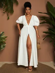 Plus Size Vacation Dress, Deep V Bubble Sleeve Waist Cinch Split Dress, Elegant French Style, Summer, Evening Party, Chic