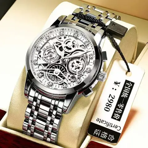 S-W-068 ONTHEEDGE Men's Minimalist Luxury Round Skeleton Luminous Analog Quartz Watch - Stainless Steel, Waterproof, Calendar, High Quality Watches, Elegant Fashion, Quartz Move., Gift-Ready Colors, Dress Wristwatch, Birthday Gift for Him