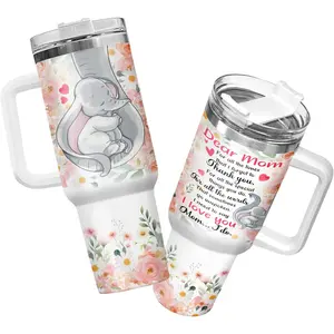 Dear Mom Elephant 40oz Tumbler With Handle & Straw, Best Mother's Day Gift For Mom From Daughter Son, Stainless Steel Vacuum Insulated Travel Mug, Heartfelt Motherhood Cup