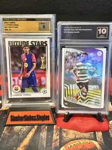 2025 Topps Lamine Yamal Future Stars #27 Graded Mint 9 and 2025 Topps UEFA Club Competitors #95 Geovany Quenda Graded Gem Mint 10