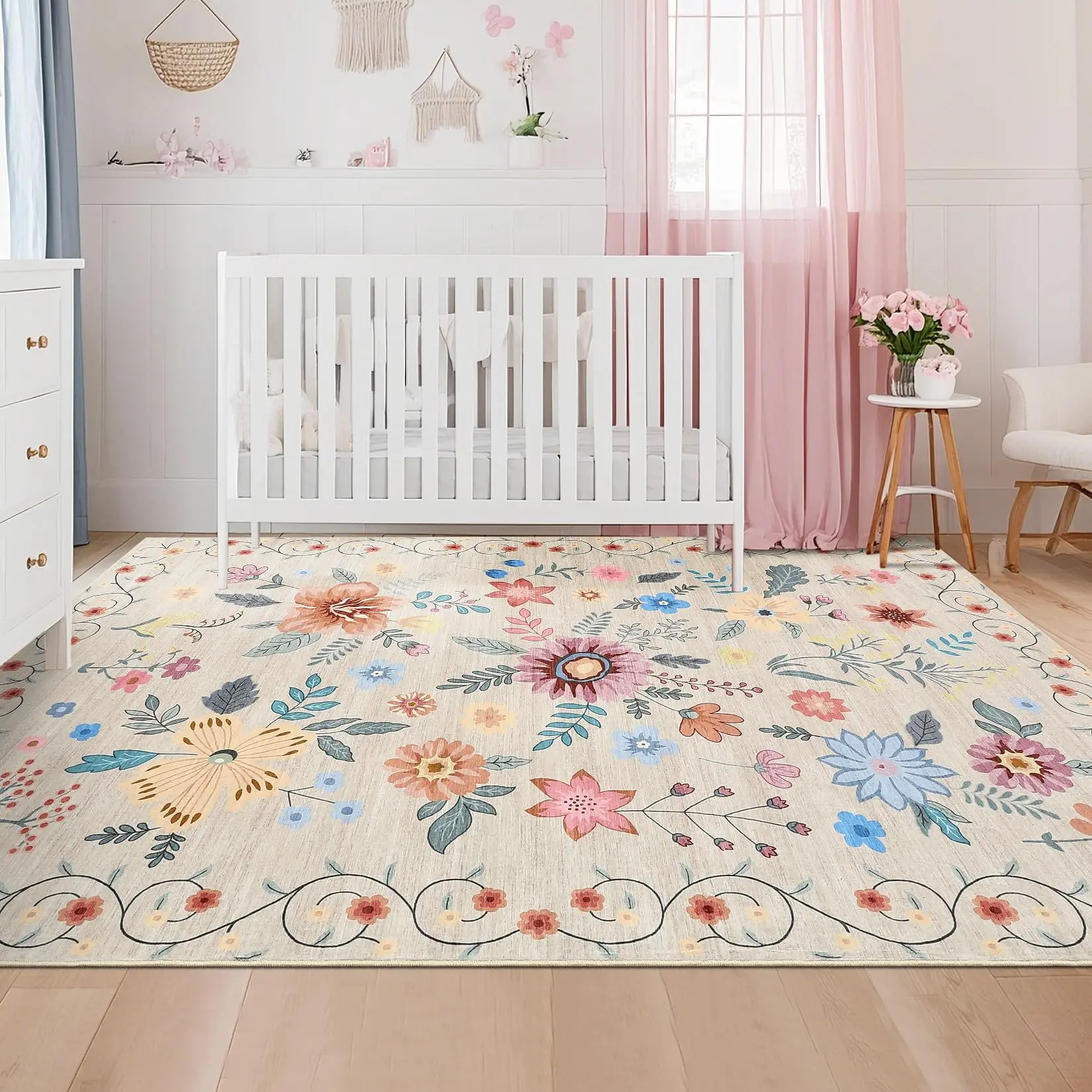 Garvee 4x6 Rug Washable Area Rug Boho Floral Rugs for Living Room Nursery Rug, Soft Lightweight Floor Carpet Non Slip Non Shedding Thin Flower Rugs, Beige