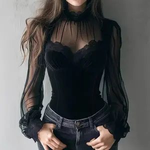 Independent Station 2026 Spring and Autumn New Cross-Border Elegant Mesh Patchwork Hollow Bell Sleeve Tie-Waist Top