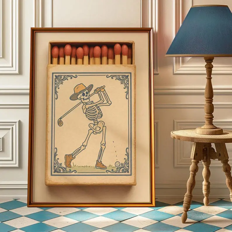 Skeleton Golfer Matchbox Poster, Vintage Golf Skeleton Art with Retro Matchbox Design, Funny Sports Wall Decor, Gift for Birthday, Father’s Day, Retirement or Christmas