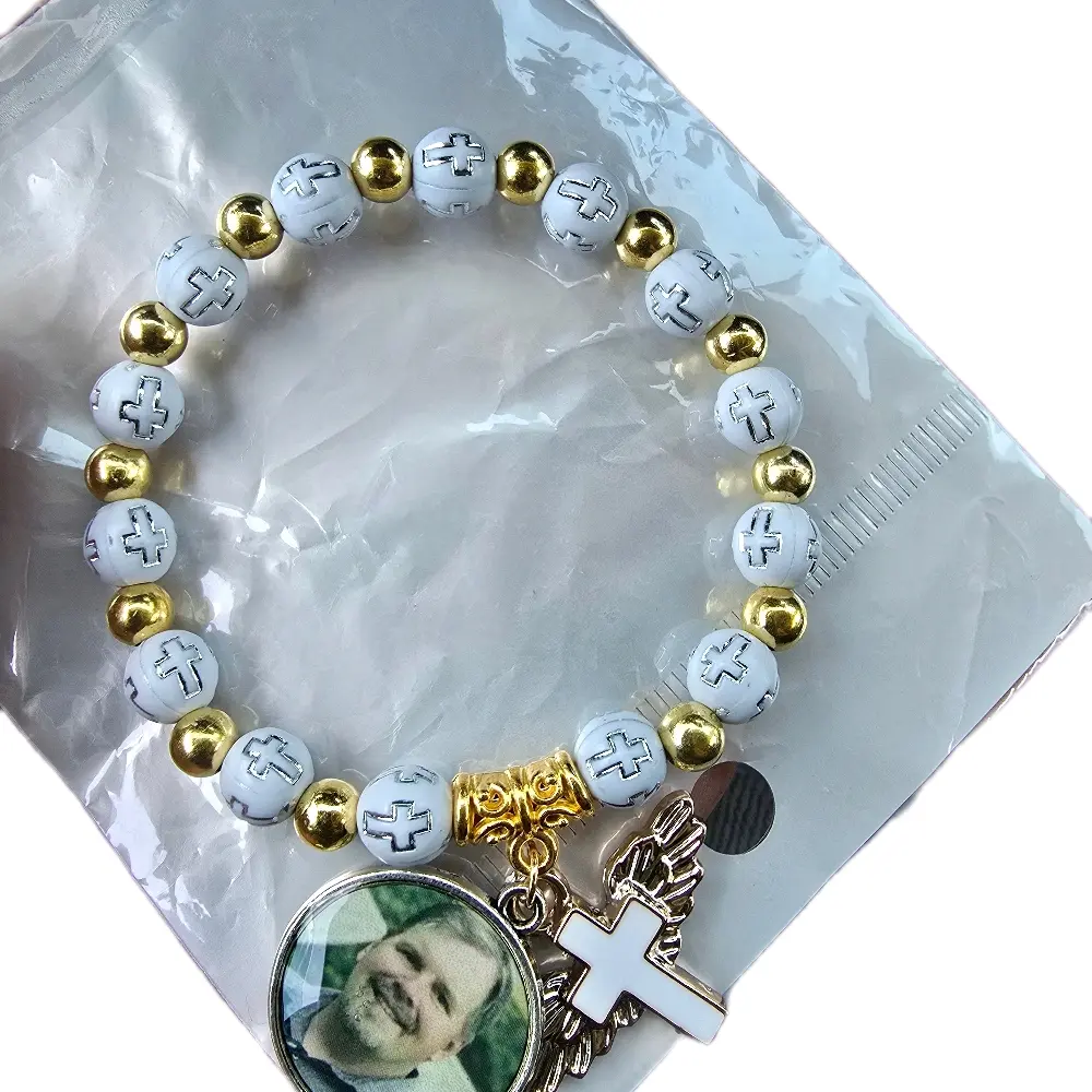 Custom Photo Rosary Bracelet with White Beads and Gold Accents Personalized Religious Jewelry