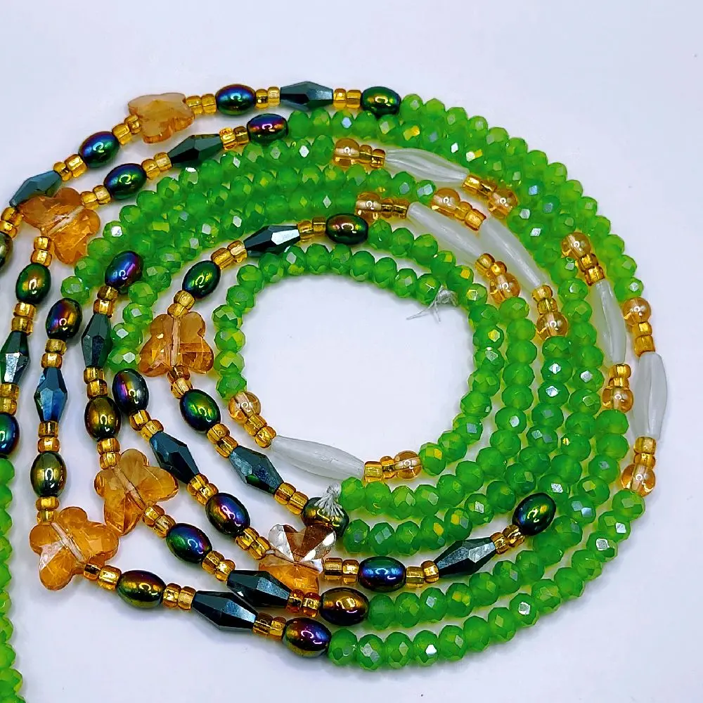 Luxury Shine Green Waistbeads for Women - Unique Design with Green Beads, Adjustable Tie-on Body Jewelry, 50 Inches Length, Versatile Statement Piece