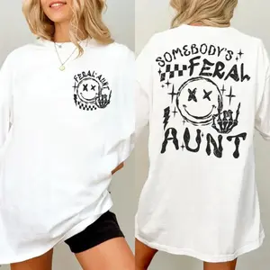 Somebody’s Feral Aunt Shirt, Funny Auntie Graphic Tee, Vintage Grunge Smiley T-Shirt, Cool Family Gift for Aunts