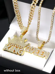 4pcs Punk Hip-Hop King Queen Letter Pendants, Sparkling Cuban Link Chain Layering Jewelry Set, Fashionable Necklace for Men Women, Valentine's Gift
