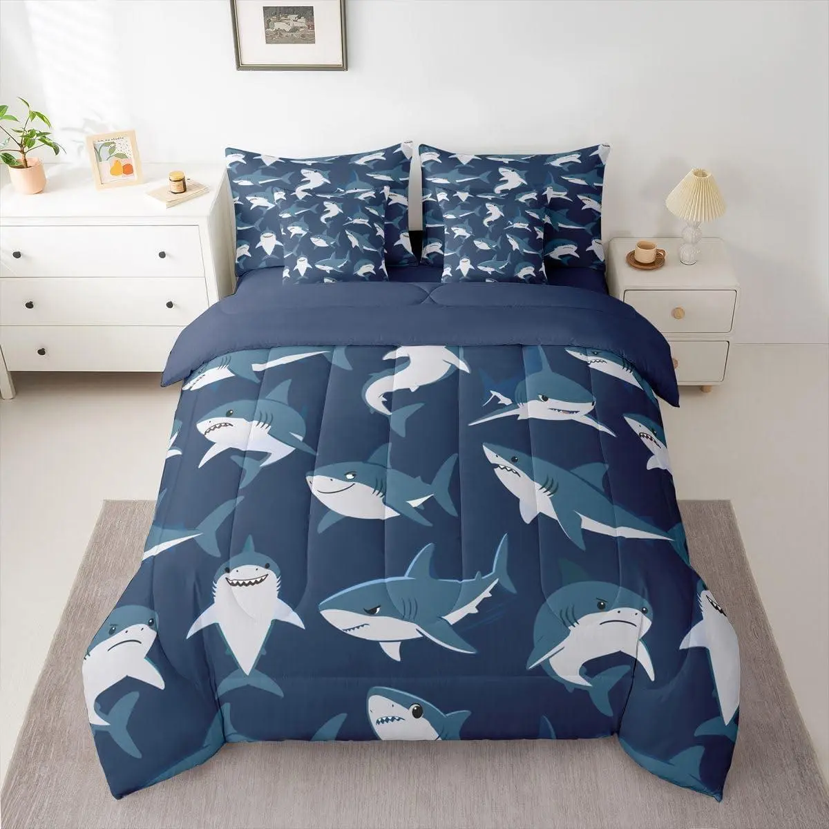 Shark Comforter Set with Sheets 7 Piece Ocean Sea Bed in a Bag Underwater Animal Bedding Set Blue Nautical Marine Bedroom Decor Shark Lover Gifts Soft Microfiber