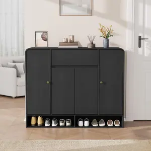 47.2 Inch Shoe Storage Cabinet with 4 Doors and 1 Drawer, Freestanding Entryway Organizer with Rounded Corner, Narrow Large Capacity Cabinet for Hallway, Living Room, Black