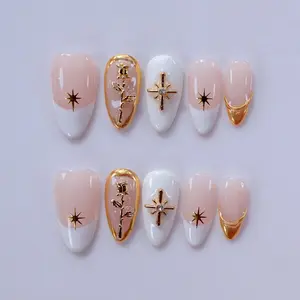 Fullovenail Almond Shape White French Tip Golden Flower Handmade Press on Nail Star Pattern Rhinestones