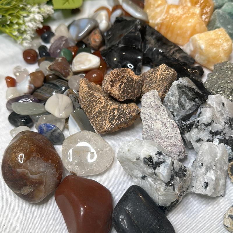 Mixed Gallon Mining Bucket with over 4 lbs of Polished and raw crystals, pyrite, amethyst, black obsidian, rainbow moonstone, green jasper, and spider jasper home decor natural crystal