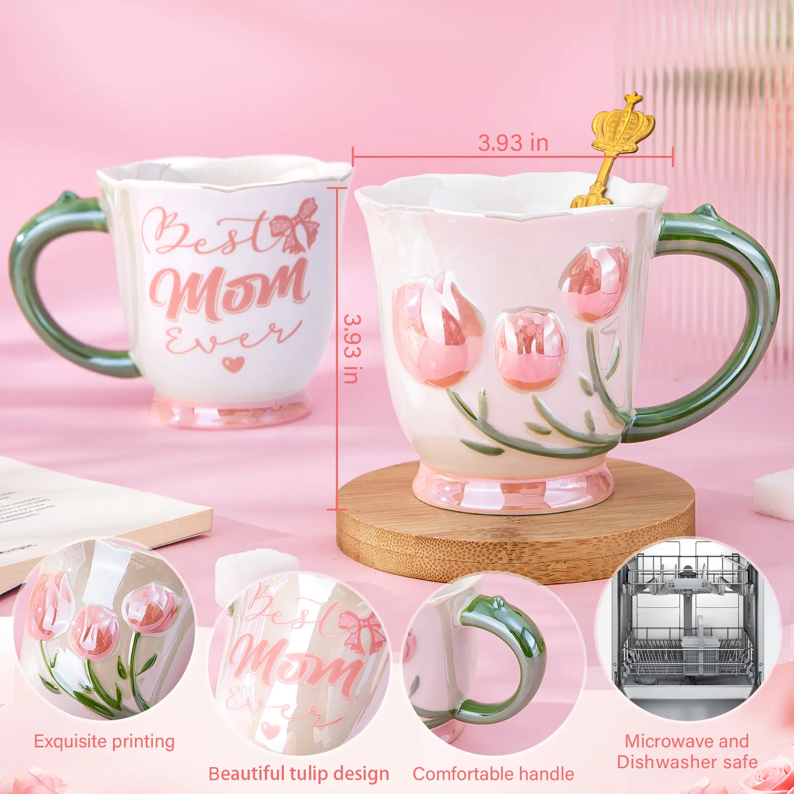 Doublewhale Tulip Mom Gifts Set Mother's Day 7Pcs Birthday Gifts for Mom, 18Oz  Ceramic Pearlescent Glaze Mommy Tulip Mug Set with Headband Spoon Socks  Card Gift Box Jewelry Case for Valentine -