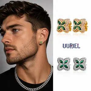 UURiel Clover Stud Earrings for Women Men, Green Crystal Flower Earrings, 5A CZ Pavé Hypoallergenic Stud Earrings, 14K Golden-Plated & Silveily Tone Jewelry Gift