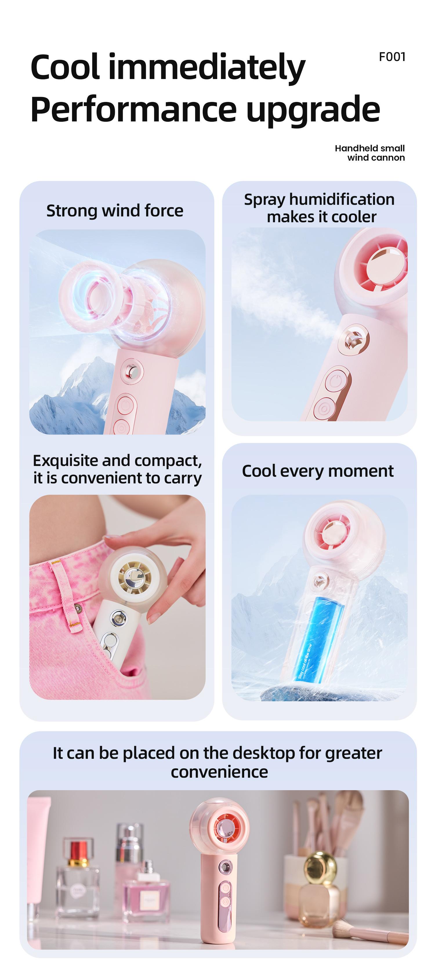 Portable Handheld High-Speed Mist Fan — High-Velocity Turbo Cooling Spritzer with 4 Wind Speeds — USB-Rechargeable Mini Personal Fan for Travel, Makeup, and Summer Outdoors Portable Handheld High-Speed Mist Fan — High-Velocity Turbo Cooling Spritzer with 4 Wind Speeds — USB-Rechargeable Mini Personal Fan for Travel, Makeup, and Summer Outdoors