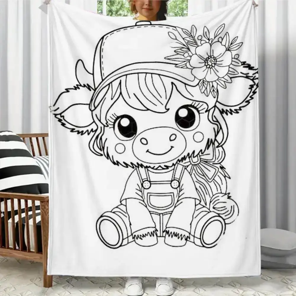 Highland Cow Themed DIY Coloring Blanket (No Markers Included) Color-Fillable Flannel Blanket A Perfect Gift for Children Fleece Throw with Custom-Dyed Fabric Soft Cozy Bedroom Decor Blankets Birthday Gifts Suitable for Friends, Family, and Partners,summe