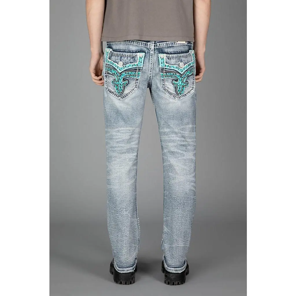 Rock Revival Men's Marion Straight Streetwear Denim Jeans with Embroidery Detailing and Leather Accents