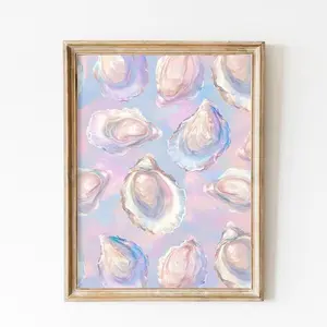 Oyster Print, Beachy wall art, Abstract Coastal Grandma Girl Room Decor, Dreamy Pastel Blue Wall Art Oyster Shell Painting Nursery, no frame
