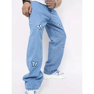 Men's Faux Denim Wide Leg Pants - Non-Stretch Cotton Blend, Solid Color, Butterfly Print, Regular Length, for All-Season Wear